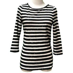 Talbots 3/4 Sleeve Black /White Striped Sequin Knit Pullover Sweater Size S/P
